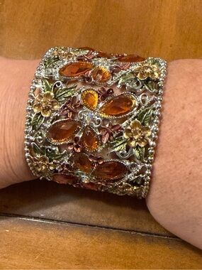 Flower Cuff Bracelet Wide panels Amber Crystal Floral Beaded Silver tone Vintage